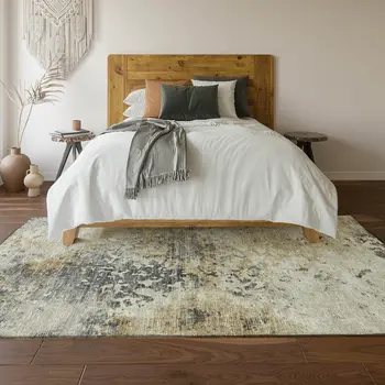 5' X 8' Midnight Ivory And Beige Abstract Washable Area Rug With UV Protection