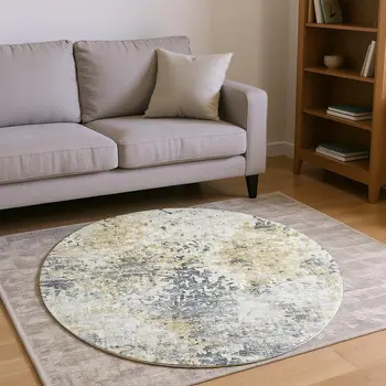 8' Midnight Ivory And Beige Abstract Washable Round Rug With UV Protection