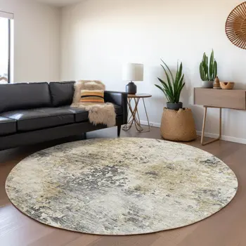 8' Midnight Ivory And Beige Abstract Washable Round Rug With UV Protection