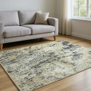 8' X 10' Midnight Ivory And Beige Abstract Washable Area Rug With UV Protection