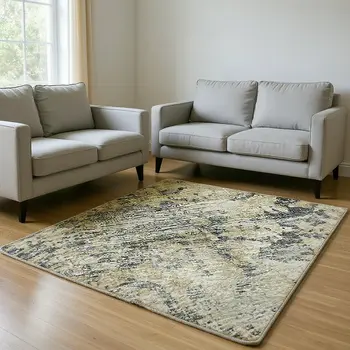9' X 12' Midnight Ivory And Beige Abstract Washable Area Rug With UV Protection