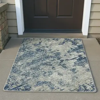 3' X 5' Blue And Ivory Abstract Washable Area Rug With UV Protection