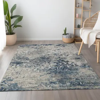 5' X 8' Blue And Ivory Abstract Washable Area Rug With UV Protection