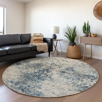 8' Blue And Ivory Abstract Washable Round Rug With UV Protection