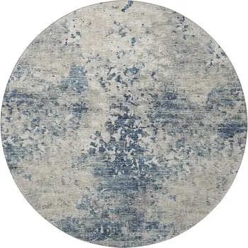 8' Blue And Ivory Abstract Washable Round Rug With UV Protection