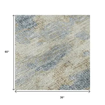 3' X 5' Blue Silver And Gold Abstract Washable Area Rug With UV Protection