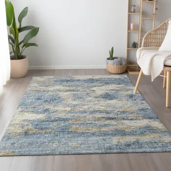 5' X 8' Blue Silver And Gold Abstract Washable Area Rug With UV Protection