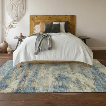 5' X 8' Blue Silver And Gold Abstract Washable Area Rug With UV Protection