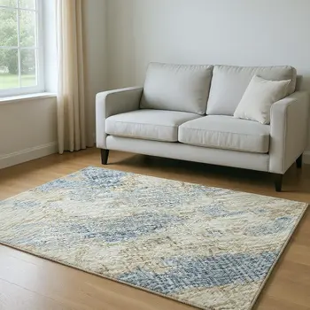 5' X 8' Blue Silver And Gold Abstract Washable Area Rug With UV Protection