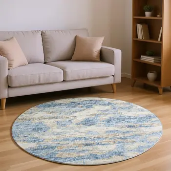 8' Blue Silver And Gold Abstract Washable Round Rug With UV Protection