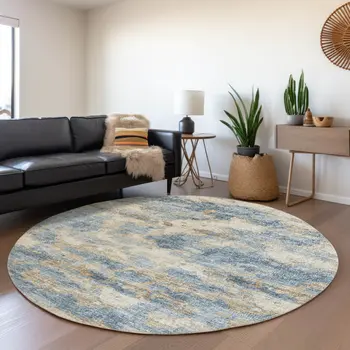 8' Blue Silver And Gold Abstract Washable Round Rug With UV Protection