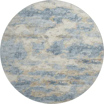 8' Blue Silver And Gold Abstract Washable Round Rug With UV Protection