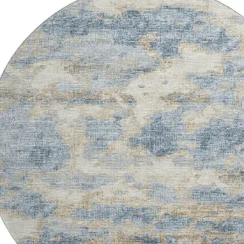 8' Blue Silver And Gold Abstract Washable Round Rug With UV Protection