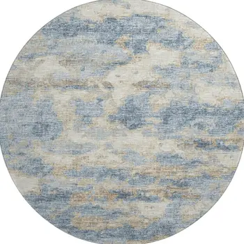 8' Blue Silver And Gold Abstract Washable Round Rug With UV Protection