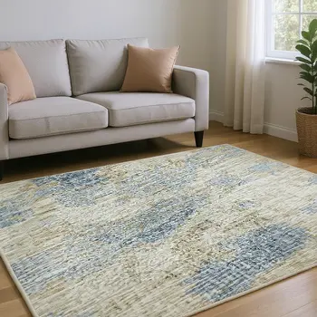 10' X 14' Blue Silver And Gold Abstract Washable Area Rug With UV Protection