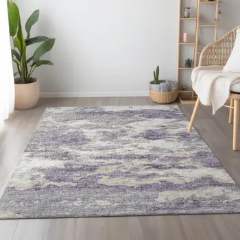 5' X 8' Purple And Ivory Abstract Washable Area Rug With UV Protection