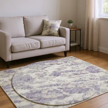 8' Purple And Ivory Abstract Washable Round Rug With UV Protection