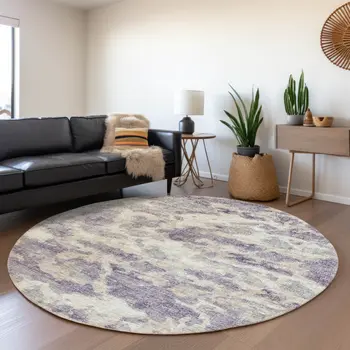 8' Purple And Ivory Abstract Washable Round Rug With UV Protection