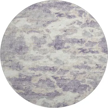 8' Purple And Ivory Abstract Washable Round Rug With UV Protection