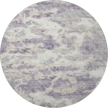 8' Purple And Ivory Abstract Washable Round Rug With UV Protection
