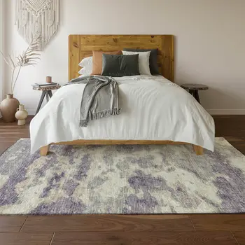 9' X 12' Purple And Ivory Abstract Washable Area Rug With UV Protection