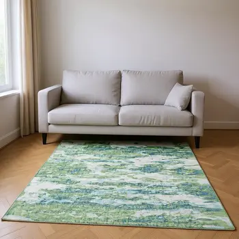 5' X 8' Green And Ivory Abstract Washable Area Rug With UV Protection