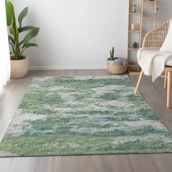 5' X 8' Green And Ivory Abstract Washable Area Rug With UV Protection