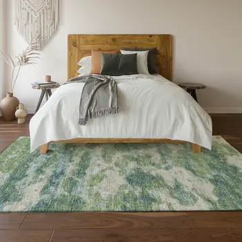 5' X 8' Green And Ivory Abstract Washable Area Rug With UV Protection