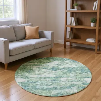 8' Green And Ivory Abstract Washable Round Rug With UV Protection