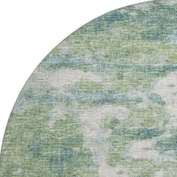 8' Green And Ivory Abstract Washable Round Rug With UV Protection