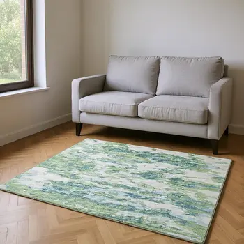 8' X 10' Green And Ivory Abstract Washable Area Rug With UV Protection