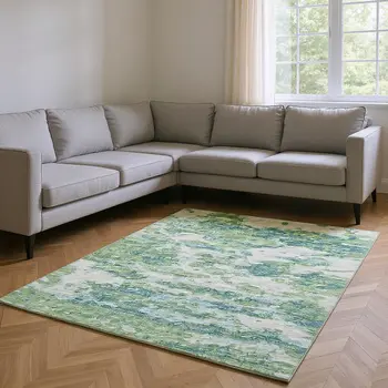 9' X 12' Green And Ivory Abstract Washable Area Rug With UV Protection