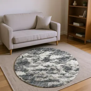 8' Black And Ivory Abstract Washable Round Rug With UV Protection