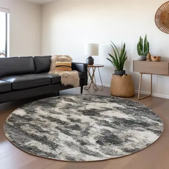 8' Black And Ivory Abstract Washable Round Rug With UV Protection