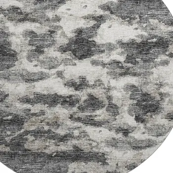 8' Black And Ivory Abstract Washable Round Rug With UV Protection