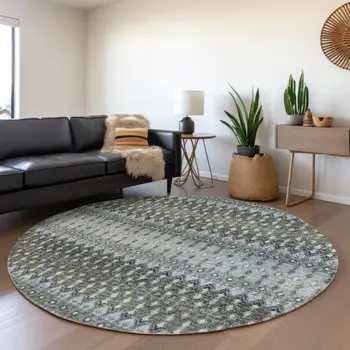 8' Midnight And Gray Tribal Washable Round Rug With UV Protection