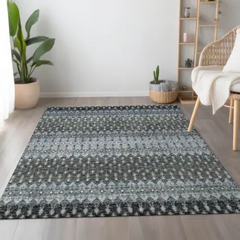 8' X 10' Midnight And Gray Tribal Washable Area Rug With UV Protection