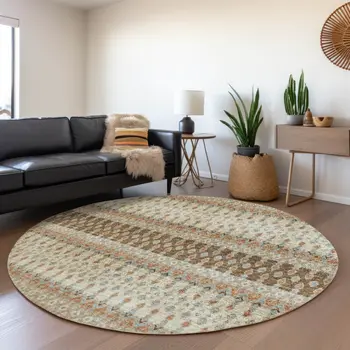8' Burnt Sienna Ivory And Blue Tribal Washable Round Rug With UV Protection