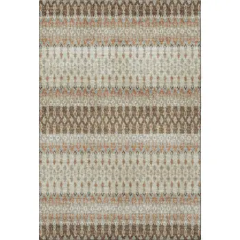 10' X 14' Burnt Sienna Ivory And Blue Tribal Washable Area Rug With UV Protection