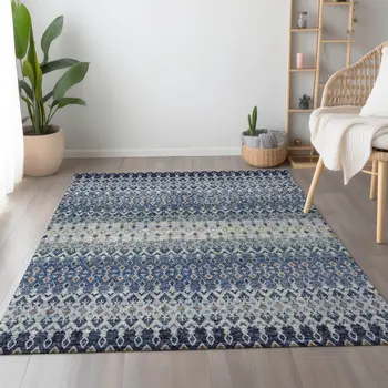 5' X 8' Aqua Gray And Orange Tribal Washable Area Rug With UV Protection