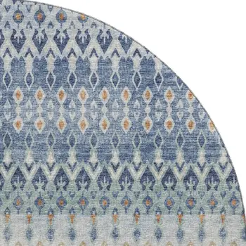 8' Aqua Gray And Orange Tribal Washable Round Rug With UV Protection