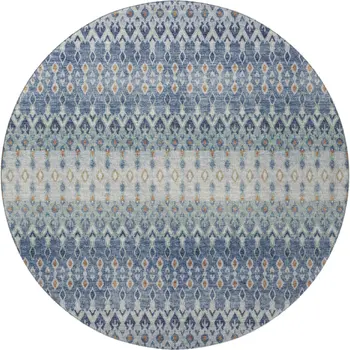8' Aqua Gray And Orange Tribal Washable Round Rug With UV Protection