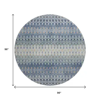 8' Aqua Gray And Orange Tribal Washable Round Rug With UV Protection