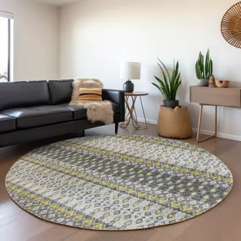 8' Gray And Gold Tribal Washable Round Rug With UV Protection