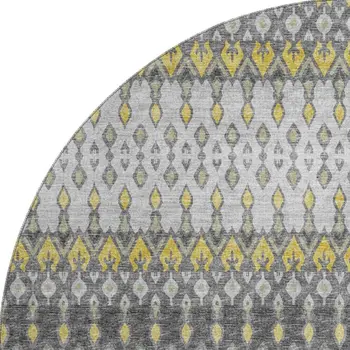 8' Gray And Gold Tribal Washable Round Rug With UV Protection