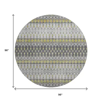 8' Gray And Gold Tribal Washable Round Rug With UV Protection
