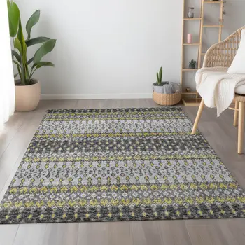10' X 14' Gray And Gold Tribal Washable Area Rug With UV Protection