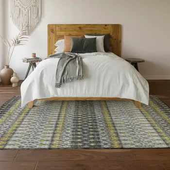 10' X 14' Gray And Gold Tribal Washable Area Rug With UV Protection