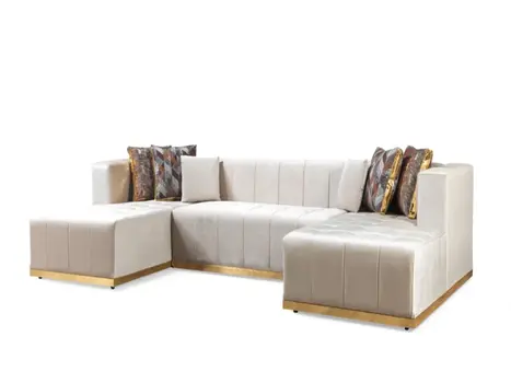 Ivory Velvet U Shaped Three Piece Sofa and Chaise Sectional With Toss Pillows