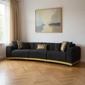 Black Velvet Curved Three Piece Sectional With Toss Pillows